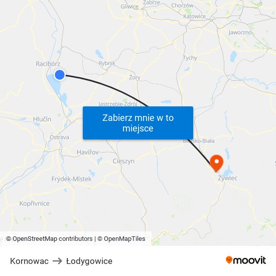 Kornowac to Łodygowice map