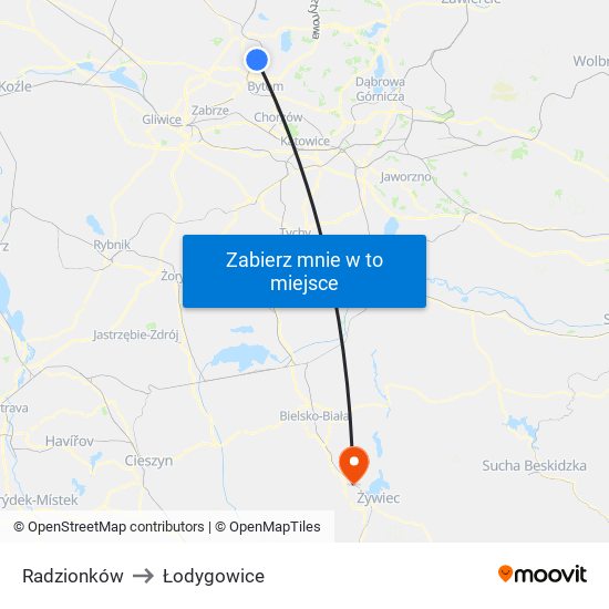 Radzionków to Łodygowice map