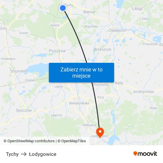 Tychy to Łodygowice map