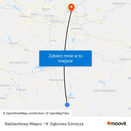 Radziechowy-Wieprz to Dąbrowa Górnicza map