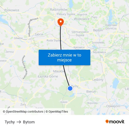 Tychy to Bytom map