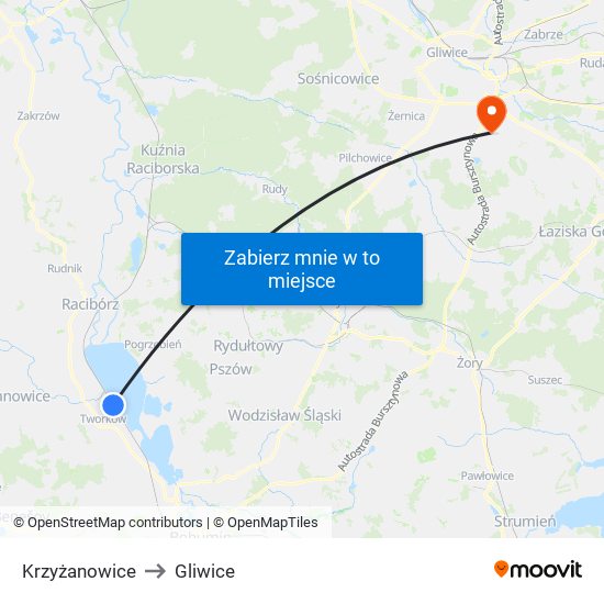 Krzyżanowice to Gliwice map