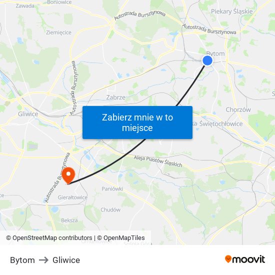 Bytom to Gliwice map
