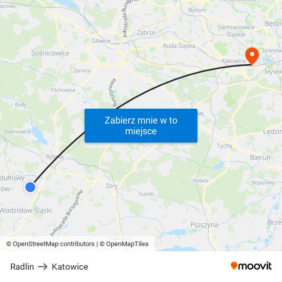 Radlin to Katowice map