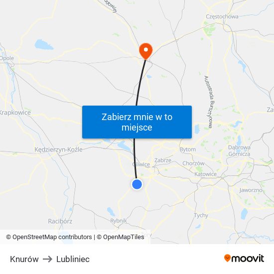 Knurów to Lubliniec map