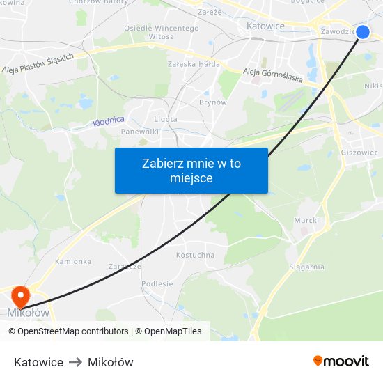 Katowice to Mikołów map