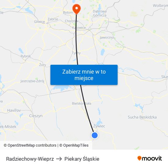 Radziechowy-Wieprz to Piekary Śląskie map