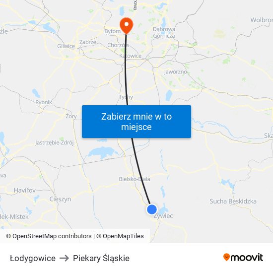 Łodygowice to Piekary Śląskie map