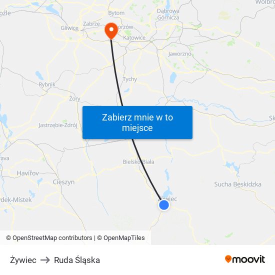 Żywiec to Ruda Śląska map