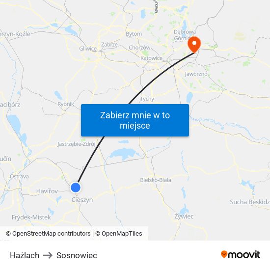 Hażlach to Sosnowiec map