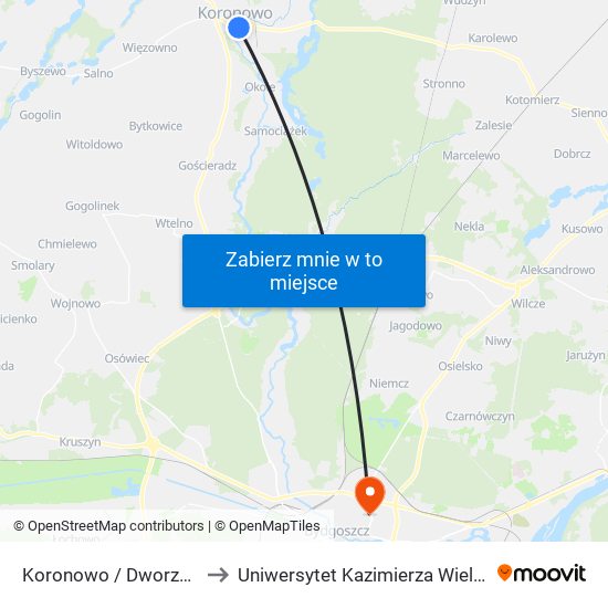 Koronowo / Dworzec Autobusowy to Uniwersytet Kazimierza Wielkiego w Bydgoszczy map