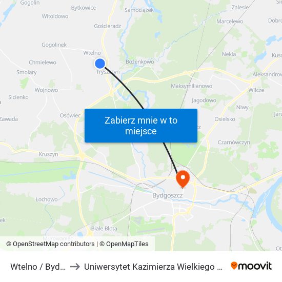 Wtelno / Bydgoska to Uniwersytet Kazimierza Wielkiego w Bydgoszczy map