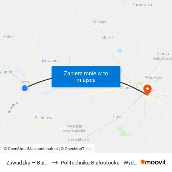 Zawadzka — Bursztynowa to Politechnika Białostocka - Wydział Elektryczny map