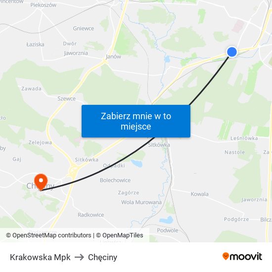 Krakowska Mpk to Chęciny map