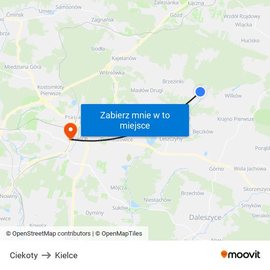 Ciekoty to Kielce map
