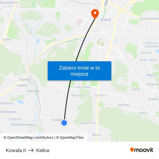 Kowala II to Kielce map