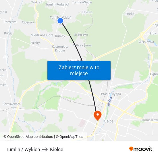 Tumlin / Wykień to Kielce map