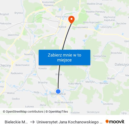 Bieleckie Młyny to Uniwersytet Jana Kochanowskiego Campus map