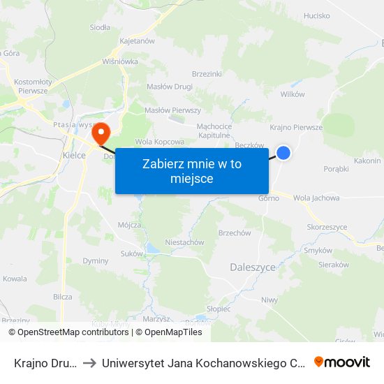 Krajno Drugie to Uniwersytet Jana Kochanowskiego Campus map