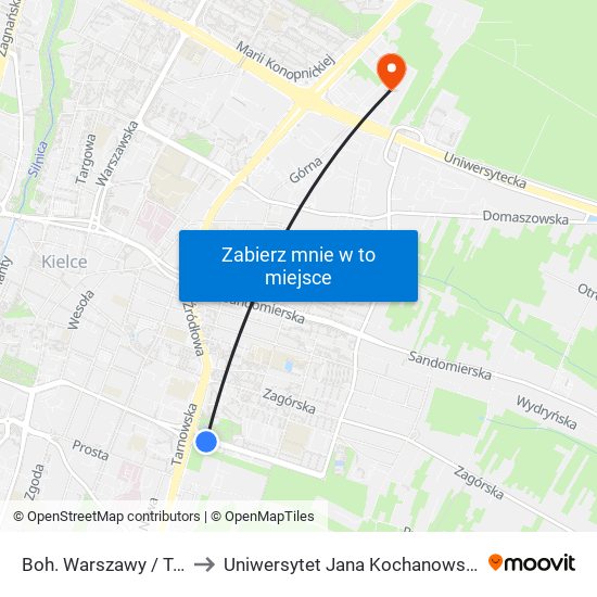 Boh. Warszawy / Tarnowska to Uniwersytet Jana Kochanowskiego Campus map