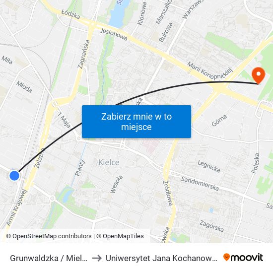 Grunwaldzka / Mielczarskiego to Uniwersytet Jana Kochanowskiego Campus map