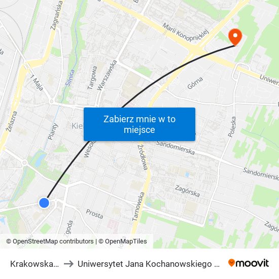 Krakowska Ujk to Uniwersytet Jana Kochanowskiego Campus map