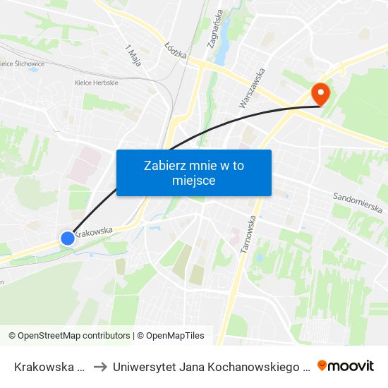 Krakowska Mpk to Uniwersytet Jana Kochanowskiego Campus map