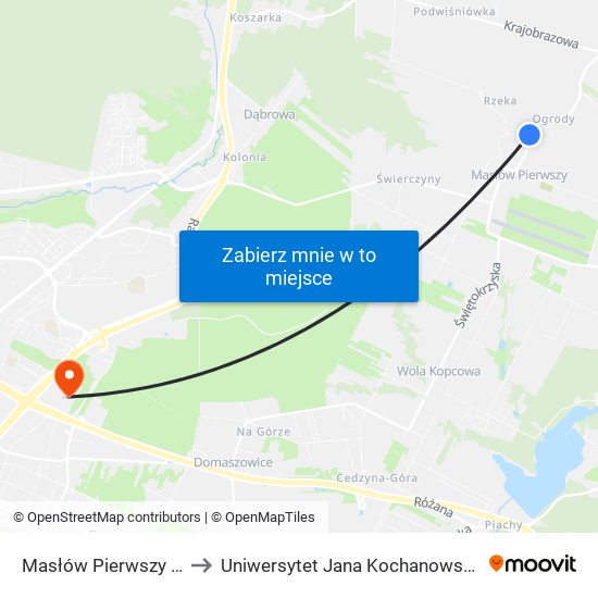 Masłów Pierwszy / Kościół to Uniwersytet Jana Kochanowskiego Campus map