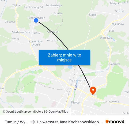 Tumlin / Wykień to Uniwersytet Jana Kochanowskiego Campus map
