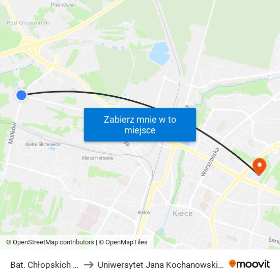 Bat. Chłopskich Kościół to Uniwersytet Jana Kochanowskiego Campus map