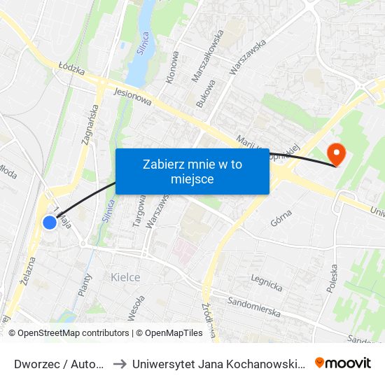 Dworzec / Autobusowy to Uniwersytet Jana Kochanowskiego Campus map
