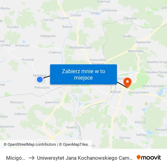 Micigózd to Uniwersytet Jana Kochanowskiego Campus map