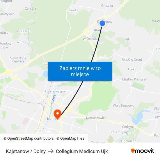 Kajetanów / Dolny to Collegium Medicum Ujk map