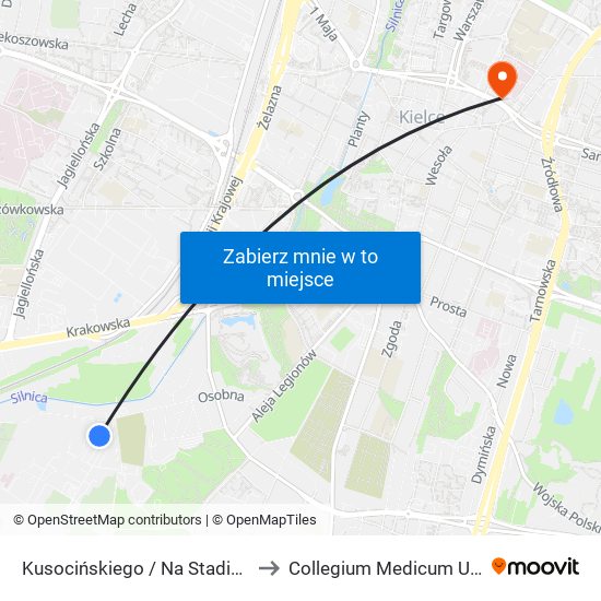 Kusocińskiego / Na Stadion to Collegium Medicum Ujk map