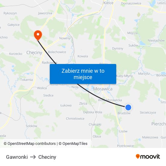 Gawronki to Checiny map