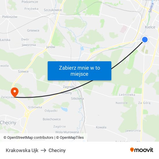 Krakowska Ujk to Checiny map