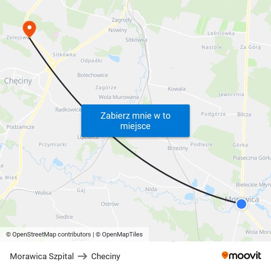 Morawica Szpital to Checiny map