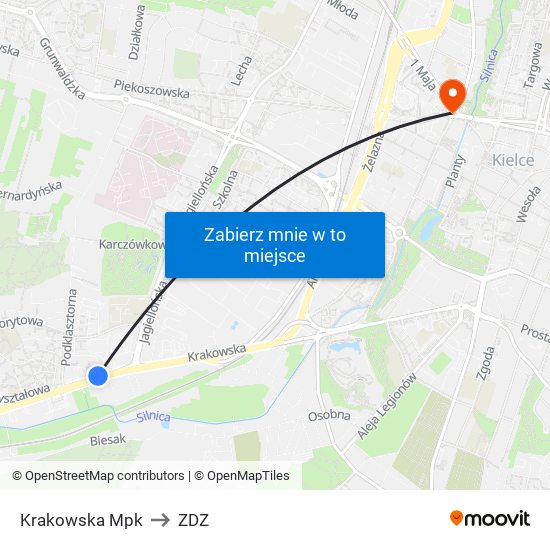 Krakowska Mpk to ZDZ map