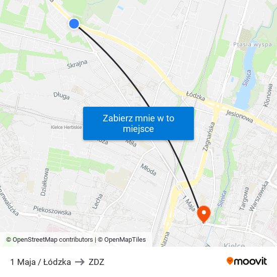 1 Maja / Łódzka to ZDZ map