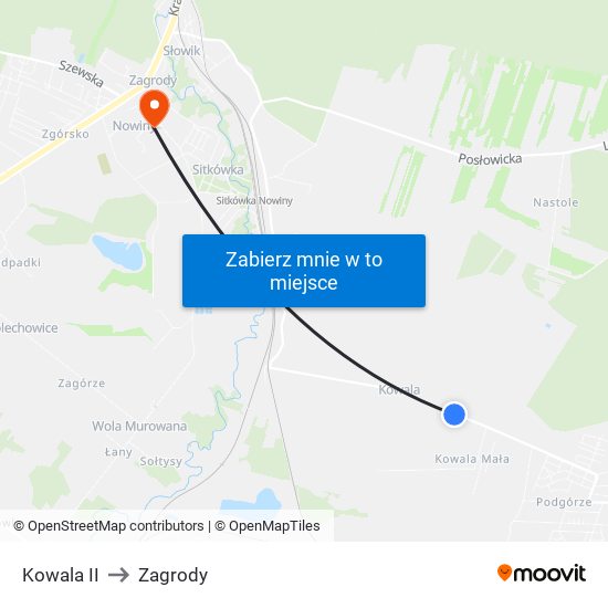 Kowala II to Zagrody map