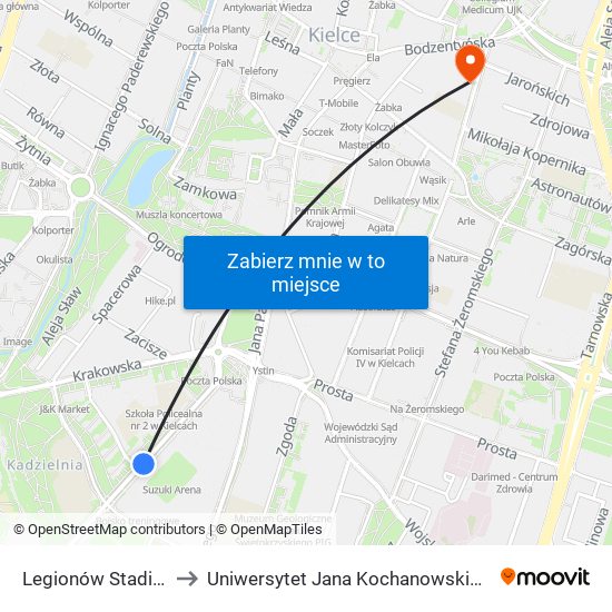 Legionów Stadion to Uniwersytet Jana Kochanowskiego map