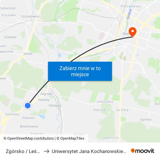 Zgórsko / Leśna to Uniwersytet Jana Kochanowskiego map