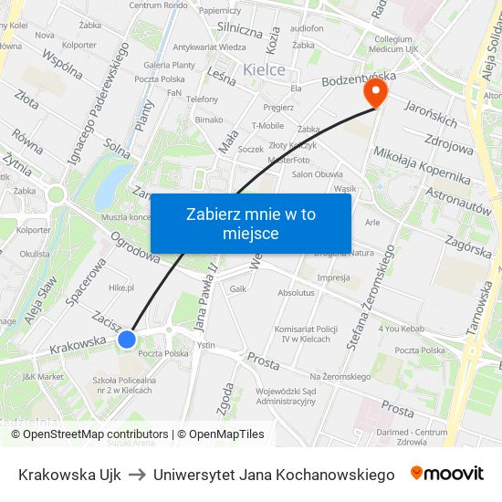 Krakowska Ujk to Uniwersytet Jana Kochanowskiego map