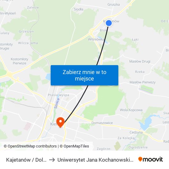 Kajetanów / Dolny to Uniwersytet Jana Kochanowskiego map