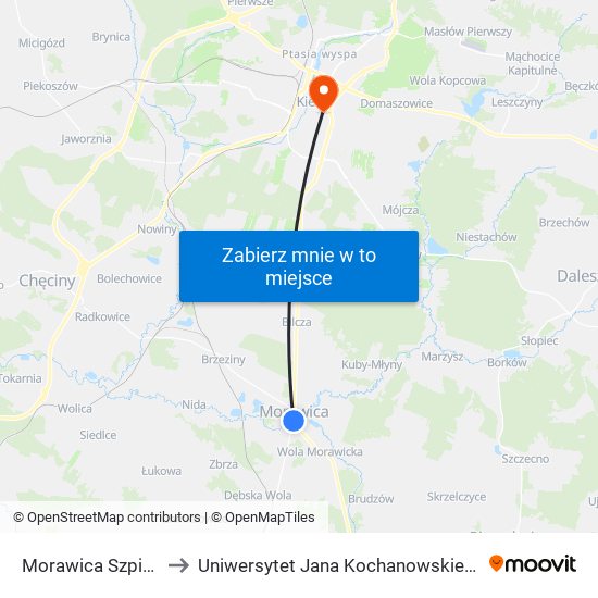 Morawica Szpital to Uniwersytet Jana Kochanowskiego map