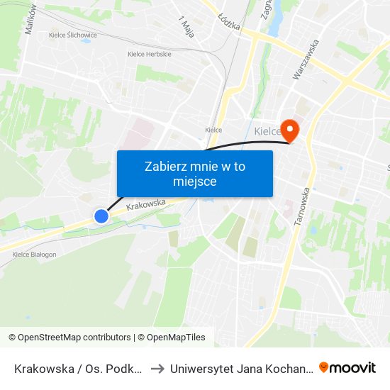 Krakowska / Os. Podkarczówka to Uniwersytet Jana Kochanowskiego map