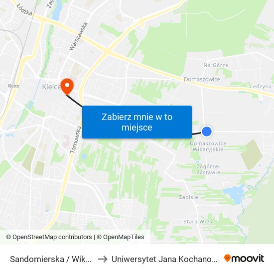 Sandomierska / Wikaryjska to Uniwersytet Jana Kochanowskiego map