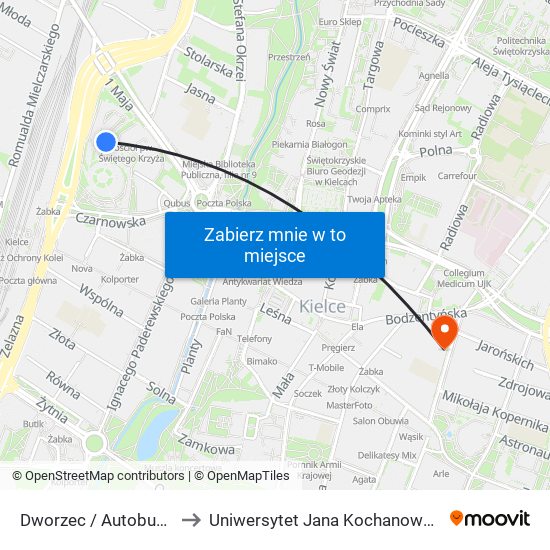 Dworzec / Autobusowy to Uniwersytet Jana Kochanowskiego map