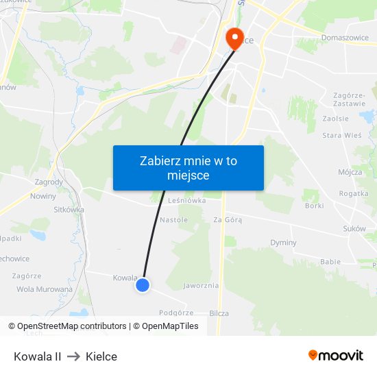 Kowala II to Kielce map