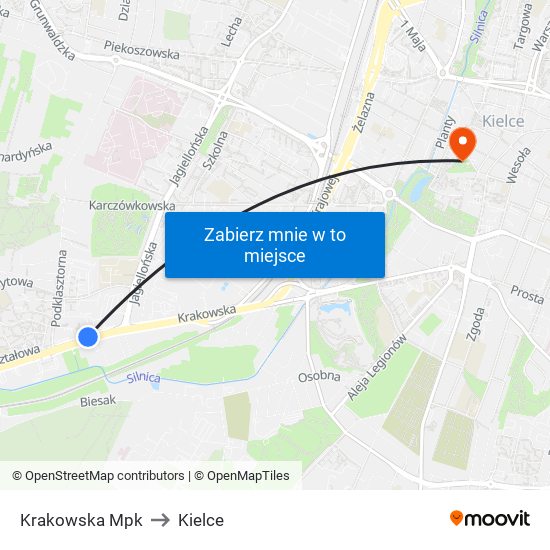 Krakowska Mpk to Kielce map